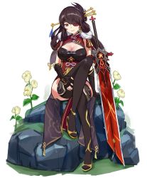 Rule 34 | 1girl, absurdres, arm support, beidou (genshin impact), black thighhighs, breasts, brown hair, claymore (sword), cleavage, cleavage cutout, clothing cutout, dress, earrings, eyepatch, fantasy, flower, fur collar, genshin impact, greatsword, grin, hair ornament, hair over one eye, hairpin, high heels, highres, huge weapon, jewelry, knee up, large breasts, long hair, looking at viewer, orobou, red dress, red eyes, rock, simple background, sitting, smile, solo, sword, thighhighs, weapon, white background