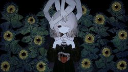 Rule 34 | 1girl, absurdres, black dress, blonde hair, cross, cross necklace, dark background, dress, flower, hair over one eye, highres, inverted cross, jewelry, long sleeves, looking at viewer, medium hair, necklace, one eye covered, open mouth, original, samejima nurie, solo, sunflower