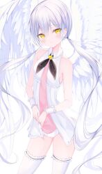 Rule 34 | 1girl, absurdres, blush, commission, copyright request, feathered wings, grey hair, highres, long hair, okomeillust, skeb commission, sleeveless, smile, solo, thighhighs, twintails, very long hair, white thighhighs, white wings, white wrist cuffs, wings, wrist cuffs, yellow eyes