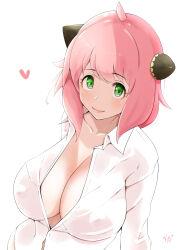 Rule 34 | 1girl, aged up, ahoge, alternate breast size, anya (spy x family), blush, breasts, cleavage, closed mouth, collarbone, collared shirt, cone hair bun, covered erect nipples, from above, green eyes, hair bun, hairpods, heart, highres, island lagoon, large breasts, lips, looking at viewer, medium hair, open clothes, open shirt, pink hair, raised eyebrows, shirt, signature, smile, solo, spy x family, white shirt