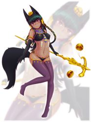 Rule 34 | 1girl, absurdres, animal ears, anubis (monster girl encyclopedia), balance scale, black gloves, black hair, breasts, commentary, covered erect nipples, dark-skinned female, dark green hair, dark skin, dog ears, dog tail, egyptian, elbow gloves, english commentary, full body, gloves, green hair, hair ornament, highres, jackal, long hair, looking at viewer, medium breasts, monster girl, monster girl encyclopedia, navel, parted lips, red eyes, simple background, snake hair ornament, solo, staff, tail, thighhighs, usekh collar, weighing scale, white background, wlper, zoom layer