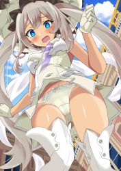 Rule 34 | 1girl, blue eyes, boots, breasts, cameltoe, dress, fate/grand order, fate (series), from below, gloves, grey hair, highres, large hat, long hair, marie antoinette (fate), marie antoinette (third ascension) (fate), medium breasts, outdoors, panties, shimouki izui, short dress, sleeveless, sleeveless dress, solo, standing, thigh boots, twintails, underwear, upskirt, very long hair, white dress, white footwear, white gloves, white headwear, white panties