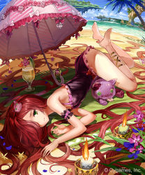 Rule 34 | 10s, 1girl, 77gl, absurdly long hair, ankle lace-up, ankle ribbon, anna (granblue fantasy), arm garter, bad id, bad pixiv id, barefoot, beach, blush, breasts, candle, cat hair ornament, cross-laced footwear, cup, day, granblue fantasy, hair ornament, hair over one eye, leg ribbon, long hair, looking at viewer, lying, on side, one-piece swimsuit, palm tree, red hair, ribbon, small breasts, solo, stuffed animal, stuffed cat, stuffed toy, swimsuit, tree, umbrella, very long hair