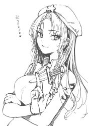 Rule 34 | 1girl, beret, braid, breasts, china dress, chinese clothes, dragon, dragon tattoo, dress, ear piercing, greyscale, hat, hat ornament, highres, holding, holding knife, hong meiling, knife, long hair, monochrome, piercing, risui (suzu rks), sleeveless, sleeveless dress, star (symbol), star hat ornament, tattoo, touhou, twin braids, weapon