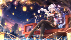 Rule 34 | 1girl, absurdres, architecture, bird, bodysuit, breast curtains, bridal gauntlets, bug, butterfly, cloud retainer (genshin impact), commentary, crane (animal), dahe zhuang (yishi fanhua), earrings, east asian architecture, fireworks, flower knot, genshin impact, hair ornament, highres, hip vent, insect, insect on finger, jewelry, lantern, lantern festival, long hair, low-braided long hair, low-tied long hair, mountain, navel, night, one eye covered, paper lantern, qingxin flower, shenhe (genshin impact), sky lantern, white hair, xianyun (genshin impact)