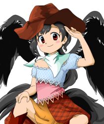 Rule 34 | 1girl, black wings, blush stickers, brown footwear, brown hat, closed mouth, cowboy hat, dress, feathered wings, flat chest, grey hair, grey tail, hand on own knee, hand up, hat, horse tail, kurokoma saki, long hair, looking at viewer, multicolored clothes, multicolored dress, nonamejd, official style, puffy short sleeves, puffy sleeves, red eyes, short sleeves, simple background, single bare shoulder, sitting, smile, solo, tail, touhou, very long hair, white background, wings, zun (style)