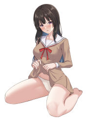 Rule 34 | 1girl, absurdres, bang dream!, bare legs, barefoot, black hair, blunt bangs, blush, brown dress, buttons, clothes lift, collarbone, commentary, dress, dress lift, full body, hanasakigawa school uniform, hands up, highres, lifted by self, long hair, long sleeves, looking at viewer, neck ribbon, panties, parted lips, ptal, purple eyes, raised eyebrows, red ribbon, ribbon, sailor collar, school uniform, serafuku, shirokane rinko, short dress, sidelocks, simple background, sitting, solo, underwear, wariza, white background, white panties, white sailor collar, yokozuwari