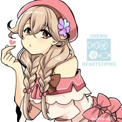 Rule 34 | 1girl, blush, bow, braid, breasts, brown eyes, brown hair, dress, english text, faye (fire emblem), fire emblem, fire emblem echoes: shadows of valentia, fire emblem heroes, flower, hair between eyes, hair flower, hair ornament, hat, heart, leaning forward, light brown hair, long hair, looking at viewer, medium breasts, nintendo, off-shoulder dress, off shoulder, parted lips, pink hat, side braids, simple background, solo, twin braids, twitter username, upper body, white background, yukia (firstaid0)