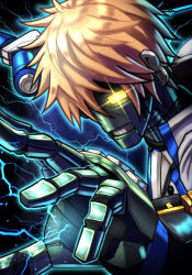 Rule 34 | 1boy, absurdres, belt, blonde hair, clothed robot, electricity, foreshortening, glowing, glowing eye, guilty gear, guilty gear xx, highres, humanoid robot, lightning, robo-ky, robot, short hair, silverchariotx, solo, sparkle, sword, weapon