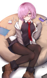 Rule 34 | 1girl, absurdres, ankle boots, bare shoulders, bee doushi, between legs, black-framed eyewear, black dress, blush, book, boots, breasts, brown footwear, brown pantyhose, closed mouth, cushion, dress, earbuds, earphones, fate/grand order, fate (series), glasses, grey sleeves, hair over one eye, hand between legs, highres, jacket, joy-con, long sleeves, looking at viewer, lying, mash kyrielight, medium breasts, necktie, nintendo switch, off shoulder, on back, open clothes, open jacket, pantyhose, purple eyes, purple hair, red necktie, short hair, signature, simple background, smile, solo, track jacket, white background, white jacket, wing collar