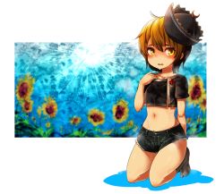 Rule 34 | 1girl, adapted costume, blonde hair, blue sky, collarbone, contemporary, flower, harusame (unmei no ikasumi), hat, highres, kneeling, looking at viewer, lunasa prismriver, midriff, navel, shirt, short shorts, short sleeves, shorts, sky, solo, sun, sunflower, sweat, touhou, yellow eyes