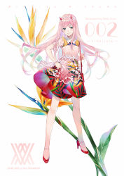 Rule 34 | 10s, 1girl, alternate costume, artist name, bag, bird of paradise flower, blush, character name, closed mouth, copyright name, darling in the franxx, ekita kuro, fingernails, flower, flower request, full body, green eyes, hairband, hand on own hip, high heels, highres, horns, legs apart, long hair, looking at viewer, nail polish, pink hair, pink shirt, red footwear, red nails, red skirt, shirt, shoulder bag, skirt, smile, solo, standing, very long hair, white background, zero two (darling in the franxx)