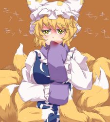Rule 34 | 1girl, ashu, blonde hair, blood, breasts, fox tail, hat, long sleeves, multiple tails, ringed eyes, short hair, simple background, sleeves past wrists, solo, tail, touhou, yakumo ran, yellow eyes