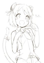 Rule 34 | 1girl, :d, animal ears, bad id, bad pixiv id, bell, blush, cat ears, cat tail, character name, fang, highres, jingle bell, kacchi (moko moko box), looking at viewer, moko moko box, monochrome, muku (muku-coffee), open mouth, paw pose, short hair, simple background, smile, solo, tail, white background