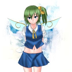 Rule 34 | &gt;:), 1girl, arba1989, arms behind back, ascot, blue eyes, bow, collared shirt, commentary request, cowboy shot, daiyousei, fairy wings, green hair, hair bow, head tilt, highres, looking at viewer, midriff, navel, shirt, short hair, short sleeves, side ponytail, simple background, skirt, skirt set, smile, solo, thigh gap, touhou, v-shaped eyebrows, vest, white background, white shirt, wings