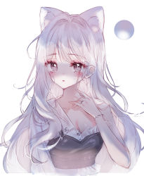 Rule 34 | 1girl, animal ear fluff, animal ears, bare arms, bare shoulders, blouse, bracelet, breasts, cleavage, collarbone, grey eyes, grey hair, hair intakes, highres, jewelry, long hair, long sleeves, looking at viewer, medium breasts, original, parted lips, ring, shirt, simple background, single sleeve, solo, tandohark, upper body, white background, white shirt