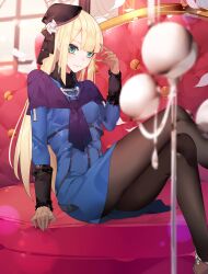 Rule 34 | 1girl, arm support, ass, black hat, blonde hair, blue eyes, blue jacket, blunt bangs, blurry, blurry foreground, blush, breasts, brown gloves, capelet, closed mouth, couch, crossed legs, fate/grand order, fate (series), fur collar, gloves, hand up, hat, indoors, jacket, long hair, long sleeves, medium breasts, nami qi, pantyhose, purple capelet, reines el-melloi archisorte, sitting, small breasts, tilted headwear
