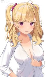 Rule 34 | 1girl, blonde hair, blush, breasts, cleavage, commentary request, ear piercing, hair ribbon, highres, hirota fruit, large breasts, long hair, looking at viewer, nijisanji, open mouth, piercing, purple eyes, purple ribbon, ribbon, shirt, simple background, sleeve cuffs, solo, takamiya rion, takamiya rion (6th costume), twintails, upper body, virtual youtuber, white background, white shirt