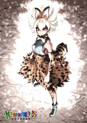 Rule 34 | &gt;:|, 10s, 1girl, :|, alternate eye color, alternate hair color, animal ears, animal print, armpit peek, aura, bare shoulders, blonde hair, blue eyes, bow, bowtie, breasts, clenched hands, closed mouth, commentary request, copyright name, crack, cracked floor, dragon ball, elbow gloves, from above, full body, gloves, grey shirt, hair between eyes, high-waist skirt, kemono friends, legs apart, looking at viewer, looking up, medium breasts, multicolored clothes, multicolored gloves, multicolored legwear, parody, print bow, print gloves, print skirt, print thighhighs, serious, serval (kemono friends), serval print, serval tail, shirt, shoes, short hair, sideboob, skirt, sleeveless, sleeveless shirt, solo, souryu, spiked hair, standing, super saiyan, super saiyan 1, tail, thighhighs, v-shaped eyebrows, white shirt