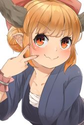 1girl, alternate costume, alternate hairstyle, bangs, close-up, closed mouth, collarbone, commentary request, eyebrows visible through hair, face, hair bun, hair up, hands, highres, horns, ibuki suika, inward v, nishiuri, open clothes, orange eyes, orange hair, pointy ears, sarashi, simple background, smile, solo, touhou, upper body, wavy mouth, white background, wrist cuffs