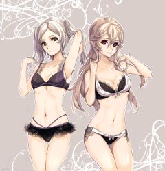 Rule 34 | 2girls, arm up, armpits, bad id, bad twitter id, bikini, black bra, black panties, bra, breasts, cleavage, closed mouth, corrin (female) (fire emblem), corrin (fire emblem), danno gs, fire emblem, fire emblem awakening, fire emblem fates, hand in own hair, highres, legs together, long hair, looking at viewer, medium breasts, multiple girls, navel, nintendo, panties, pointy ears, red eyes, robin (female) (fire emblem), robin (fire emblem), slit pupils, small breasts, smile, swimsuit, thigh gap, twintails, underwear, white hair, yellow eyes