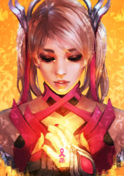 Rule 34 | 1girl, absurdres, alternate hairstyle, blonde hair, close-up, closed eyes, dress, eyelashes, eyeshadow, highres, lips, makeup, mercy (overwatch), monori rogue, official alternate costume, overwatch, overwatch 1, own hands clasped, own hands together, pink dress, pink mercy, pink ribbon, portrait, ribbon, solo
