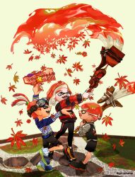 Rule 34 | 3boys, absurdres, artist name, autumn leaves, black pants, black shorts, closed eyes, commentary request, goggles, goggles on head, gun, highres, holding, holding gun, holding weapon, inkling, inkling boy, inkling player character, multiple boys, nintendo, octobrush (splatoon), octoling, octoling boy, octoling player character, open mouth, paint, pants, pointy ears, red hair, short hair, shorts, smile, splatoon (series), splatoon 3, splattershot jr (splatoon), standing, teeth, tentacle hair, twitter username, weapon, white background, yoruikakun
