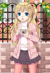 Rule 34 | 1girl, :d, black skirt, blonde hair, blue hair, blunt bangs, blush, brick wall, building, buttons, camera, flower, hair ornament, hairclip, holding, holding camera, ikeda yuuki, long hair, long sleeves, looking at viewer, one side up, open mouth, original, outdoors, pantyhose, pink pantyhose, plant, pocket, railing, skirt, smile, solo, turtleneck