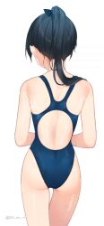 Rule 34 | 1girl, ass, bare arms, bare legs, bare shoulders, barefoot, black hair, blue one-piece swimsuit, commission, competition swimsuit, cowboy shot, from behind, houshou (kancolle), kantai collection, koruri, long hair, one-piece swimsuit, ponytail, simple background, skeb commission, solo, swimsuit, twitter username, wet, wet clothes, wet swimsuit, white background