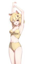 Rule 34 | 1girl, absurdres, animal ears, armpits, arms up, bare arms, bare shoulders, bikini, blonde hair, breasts, brown eyes, hair ornament, hairclip, highres, looking at viewer, navel, one eye closed, open mouth, original, photo-referenced, short hair, simple background, small breasts, smile, solo, spaghetti strap, stomach, swimsuit, thighs, ugwa, white background, yellow bikini