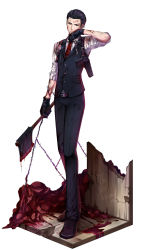 Rule 34 | 1boy, absurdres, axe, barbed wire, blood, entrails, unworn eyewear, full body, glasses, gloves, hair slicked back, highres, holding, holding removed eyewear, holster, joseph oda, male focus, organs, shoulder holster, solo, standing, tenyo0819, the evil within, vest, waistcoat, weapon, wiping face