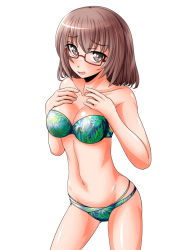Rule 34 | 10s, 1girl, bang dream!, bikini, breasts, brown eyes, brown hair, cleavage, cowboy shot, fue (fuef), glasses, green bikini, looking at viewer, medium breasts, navel, open mouth, short hair, simple background, solo, standing, strapless, strapless bikini, swimsuit, white background, yamato maya