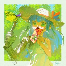 Rule 34 | 1girl, bare shoulders, blue hair, blush, border, braid, bug, butterfly, butterfly on hand, cellphone, day, dress, flat chest, green eyes, grey border, hat, highres, holding, holding phone, insect, jdge, long hair, mechanical arms, mechanical parts, nature, original, outdoors, outside border, phone, prosthesis, prosthetic arm, side braid, signature, single mechanical arm, smartphone, solo, straw hat, sunlight, taking picture, upper body, white dress