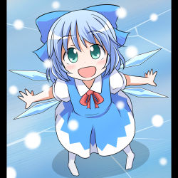 Rule 34 | 1girl, aqua eyes, blue hair, bow, cirno, dress, hair bow, mikan imo, open mouth, pillarboxed, short hair, smile, socks, solo, touhou, white socks, wings