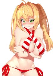 Rule 34 | 1girl, ahoge, bad id, bad pixiv id, bikini, blonde hair, blush, breast hold, breasts, cleavage, clenched teeth, earrings, fate/grand order, fate (series), green eyes, hair intakes, halterneck, highres, jewelry, large breasts, long hair, looking at viewer, navel, nero claudius (fate), nero claudius (fate) (all), nero claudius (swimsuit caster) (fate), ratio (ratio-d), side-tie bikini bottom, simple background, solo, striped bikini, striped clothes, swimsuit, tears, teeth, twintails, white background