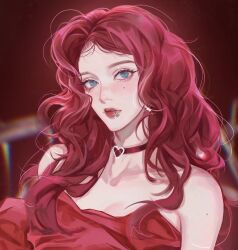Rule 34 | 1girl, aespa, anticoco, blue eyes, blush, breasts, choker, cleavage, collarbone, dress, heart, heart choker, highres, k-pop, lip piercing, long hair, medium breasts, mole, mole on arm, mole under eye, piercing, portrait, real life, red background, red choker, red dress, red hair, red lips, solo, strapless, strapless dress, winter (aespa)