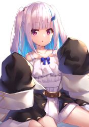 Rule 34 | 1girl, :o, absurdres, black jacket, blue bow, blue hair, blush, bow, commentary request, dress, hair ornament, highres, jacket, lize helesta, long hair, long sleeves, looking at viewer, multicolored hair, nijisanji, no shoes, open clothes, open jacket, oversized clothes, parted lips, purple eyes, shadow, silver hair, sitting, sleeves past fingers, sleeves past wrists, socks, solo, two-tone hair, very long hair, virtual youtuber, wariza, white background, white dress, white socks, yuuki nao (pixiv10696483)