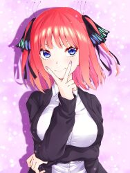 Rule 34 | 1girl, black cardigan, blue eyes, breast hold, breasts, butterfly hair ornament, cardigan, eyebrows hidden by hair, go-toubun no hanayome, hair ornament, highres, large breasts, nakano nino, pink background, pink hair, smile, solo, two side up, upper body, v, wai (y48754085)