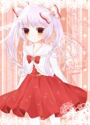 Rule 34 | 1girl, alternate costume, alternate hairstyle, arms behind back, blush, bow, dated, doily, dress, ena (ena228), fujiwara no mokou, hair bow, happy birthday, heart, heart-shaped pupils, highres, hime cut, long sleeves, looking at viewer, red eyes, silver hair, smile, solo, striped, striped background, symbol-shaped pupils, touhou, twintails, vertical stripes