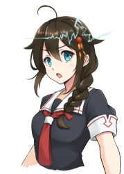 Rule 34 | 1girl, ahoge, black serafuku, blue eyes, blush, braid, brown hair, cropped arms, cropped torso, hair flaps, kantai collection, kodama (mmt uf), long hair, neckerchief, open mouth, red neckerchief, school uniform, serafuku, shigure (kancolle), shigure kai ni (kancolle), short sleeves, simple background, single braid, solo, white background