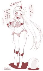 Rule 34 | 10s, 1girl, abyssal ship, alternate costume, alternate hairstyle, ball, barefoot, beachball, bikini, blush, breasts, covered mouth, detached sleeves, covered erect nipples, horns, kantai collection, large breasts, long hair, monochrome, navel, perspective, ponytail, seaport princess, side-tie bikini bottom, sidelocks, single horn, solo, swimsuit, translation request, very long hair, white hair, yamato nadeshiko