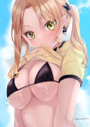 Rule 34 | 1girl, bikini, black bikini, blonde hair, blue sky, blush, breasts, cloud, cloudy sky, commentary request, earrings, green eyes, highres, jewelry, large breasts, long hair, looking at viewer, mole, mole on breast, mole on cheek, original, ototuki ena, parted bangs, shirt, short sleeves, sidelocks, sky, solo, swimsuit, swimsuit under clothes, twintails, twitter username, upper body, yellow shirt