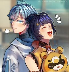 Rule 34 | 1boy, 1girl, puff of air, ahoge, back-to-back, blue eyes, blue hair, blurry, blurry background, chinese clothes, chongyun (genshin impact), closed eyes, closed mouth, dark blue hair, diamond-shaped pupils, diamond (shape), genshin impact, guoba (genshin impact), hair rings, happy, hetero, highres, hood, hooded jacket, jacket, light blue hair, notice lines, open mouth, paw hair ornament, potakusan, short hair, symbol-shaped pupils, twitter username, upper body, white jacket, xiangling (genshin impact)
