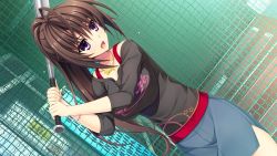 Rule 34 | 1girl, asami asami, ashiya suzuka, baseball, baseball bat, breasts, brown hair, dutch angle, female focus, game cg, happy, highres, jewelry, large breasts, legs, long hair, long sleeves, looking away, necklace, open mouth, ponytail, pretty x cation 2, purple eyes, skirt, smile, solo, standing, thighs