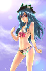 Rule 34 | 1girl, :d, bad id, bad pixiv id, bikini, blue hair, bow, day, female focus, flat chest, food, fruit, hat, hinanawi tenshi, lens flare, long hair, navel, open mouth, peach, red eyes, smile, solo, swimsuit, takemori shintarou, touhou, wet
