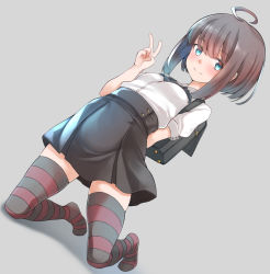 Rule 34 | 1girl, ahoge, ascot, backpack, bag, black ascot, black hair, black skirt, blue eyes, blush, closed mouth, comah, dutch angle, full body, grey background, hand up, kneeling, looking at viewer, no shoes, original, pleated skirt, randoseru, school uniform, shirt, short hair with long locks, short sleeves, sidelocks, simple background, skirt, smile, solo, striped clothes, striped thighhighs, thighhighs, v, white shirt
