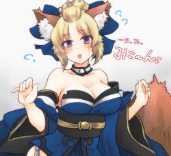 Rule 34 | 1girl, :d, absurdres, animal ears, bare shoulders, blonde hair, blue kimono, blue sleeves, blush, breasts, choker, cleavage, collarbone, cosplay, detached sleeves, facial scar, fate/grand order, fate (series), fox ears, fox tail, gintama, grey background, head tilt, highres, japanese clothes, kimono, large breasts, long sleeves, looking at viewer, open mouth, paleatus, purple eyes, scar, scar on cheek, scar on face, short hair, short kimono, simple background, smile, solo, strapless, tail, tamamo (fate), tamamo no mae (fate/extra), tamamo no mae (fate/extra) (cosplay), tsukuyo (gintama)