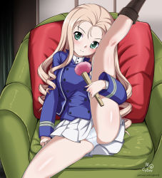 Rule 34 | 1girl, armchair, artist name, bc freedom military uniform, blonde hair, blush, breasts, brown footwear, chair, cyber (cyber knight), drill hair, girls und panzer, highres, leg up, long hair, looking at viewer, marie (girls und panzer), panties, skirt, small breasts, smile, solo, underwear, watermark, web address, white panties, white skirt