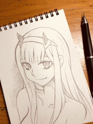 Rule 34 | 10s, 1girl, art tools in frame, bbb (friskuser), darling in the franxx, eyeshadow, graphite (medium), greyscale, hair over breasts, hairband, highres, horns, looking at viewer, makeup, monochrome, smile, solo, straight hair, traditional media, white hairband, zero two (darling in the franxx)