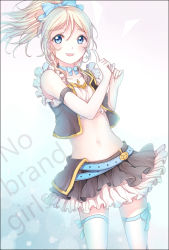 Rule 34 | 10s, 1girl, ayase eli, belt, blonde hair, blue bow, blue eyes, bow, collarbone, earrings, hair bow, high ponytail, highres, idol, index finger raised, jewelry, kosato, long hair, looking at viewer, love live!, love live! school idol project, midriff, navel, no brand girls, open mouth, skirt, solo, song name, star (symbol), star earrings, thighhighs, white thighhighs